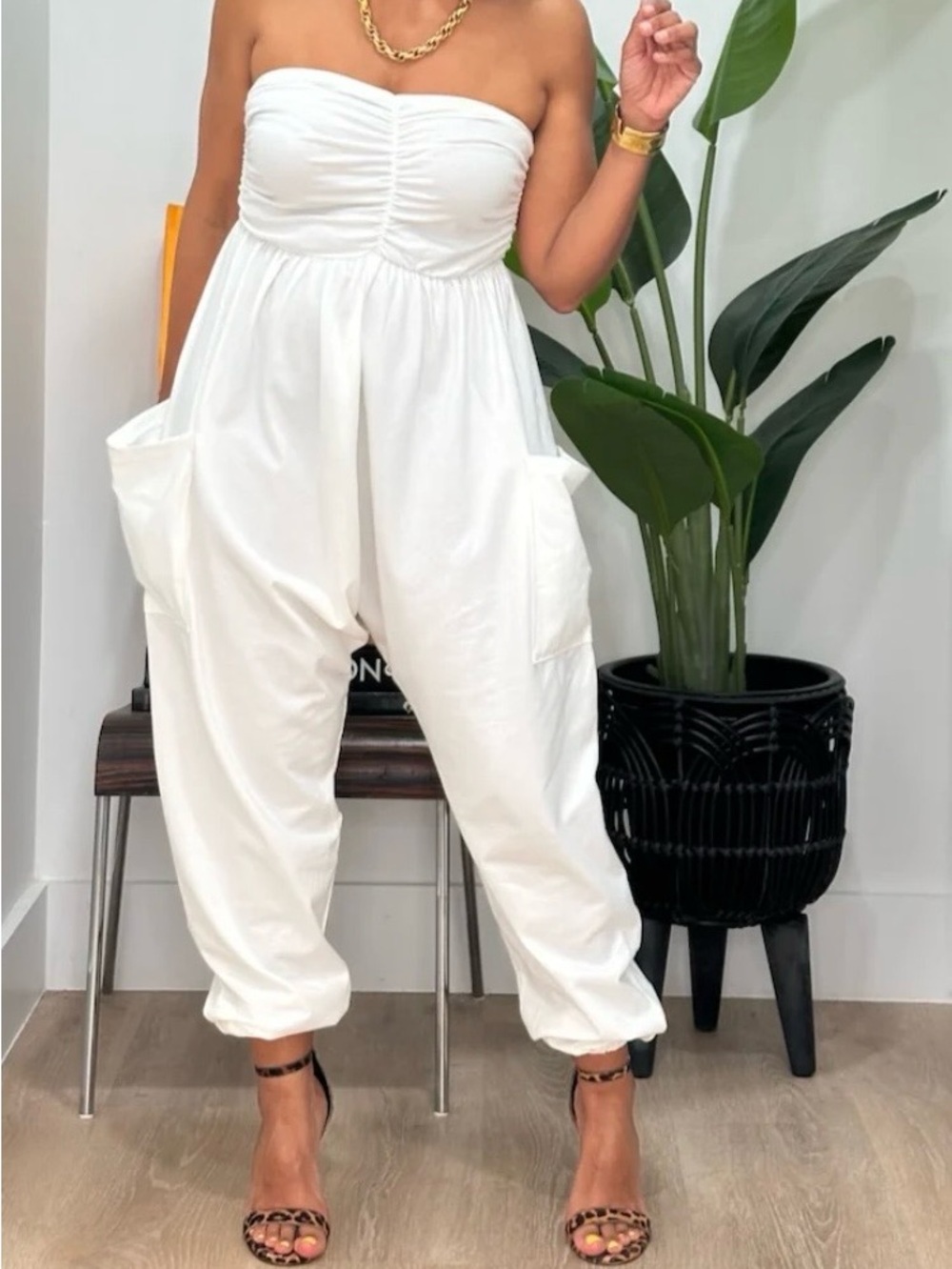 BUCKETLIST White Strapless Ruched “Bowie” Bodice Jumpsuit with Pockets
